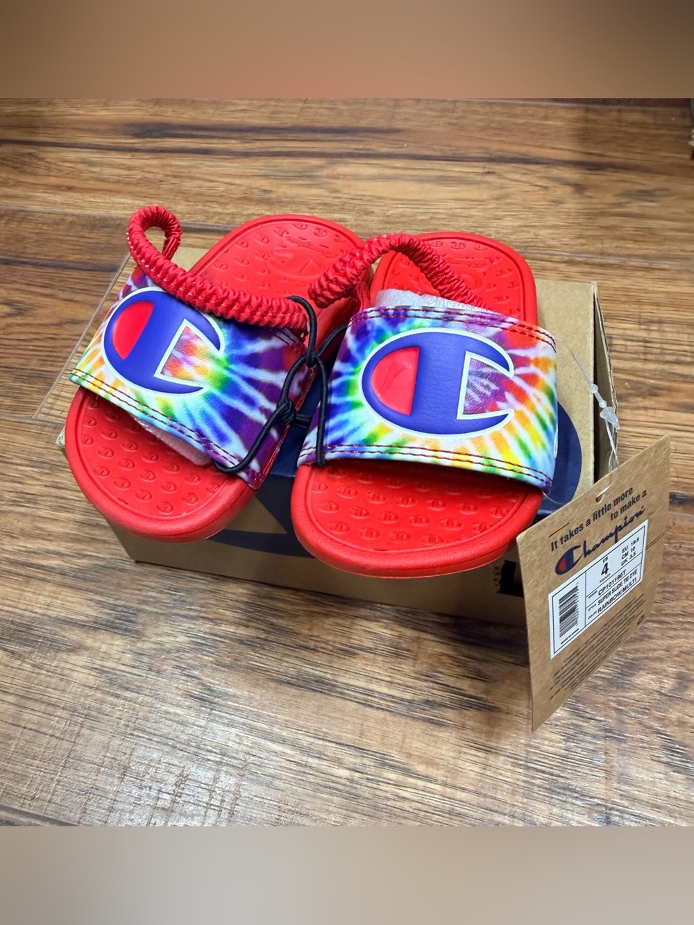 Champion Kids Red Slides with Rainbow Tie-Dye Straps and Logo
